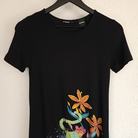 Desigual XS Black Agra Floral Tiger Short Sleeve T-Shirt Tunic Mini Dress - Picture 4 of 13